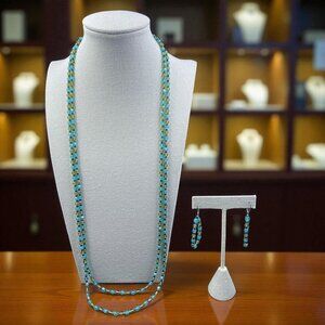 Long Iridescent Beaded Necklace Earrings Set Coastal Mermaid Tropical Gorpcore